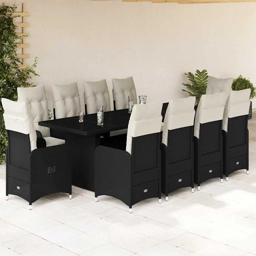 11 Piece Garden Bistro Set PE Rattan Black with Cushions