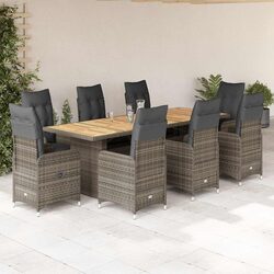 9 Piece Outdoor Bistro Set with Cushions in Grey Poly Rattan