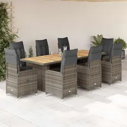 9 Piece Outdoor Bistro Set with Cushions in Grey Poly Rattan