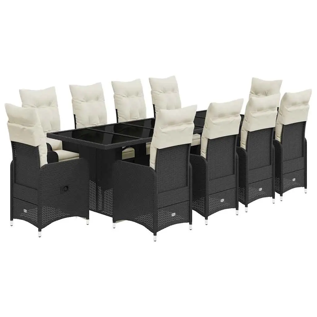 11 Piece Garden Bistro Set PE Rattan Cushions Black