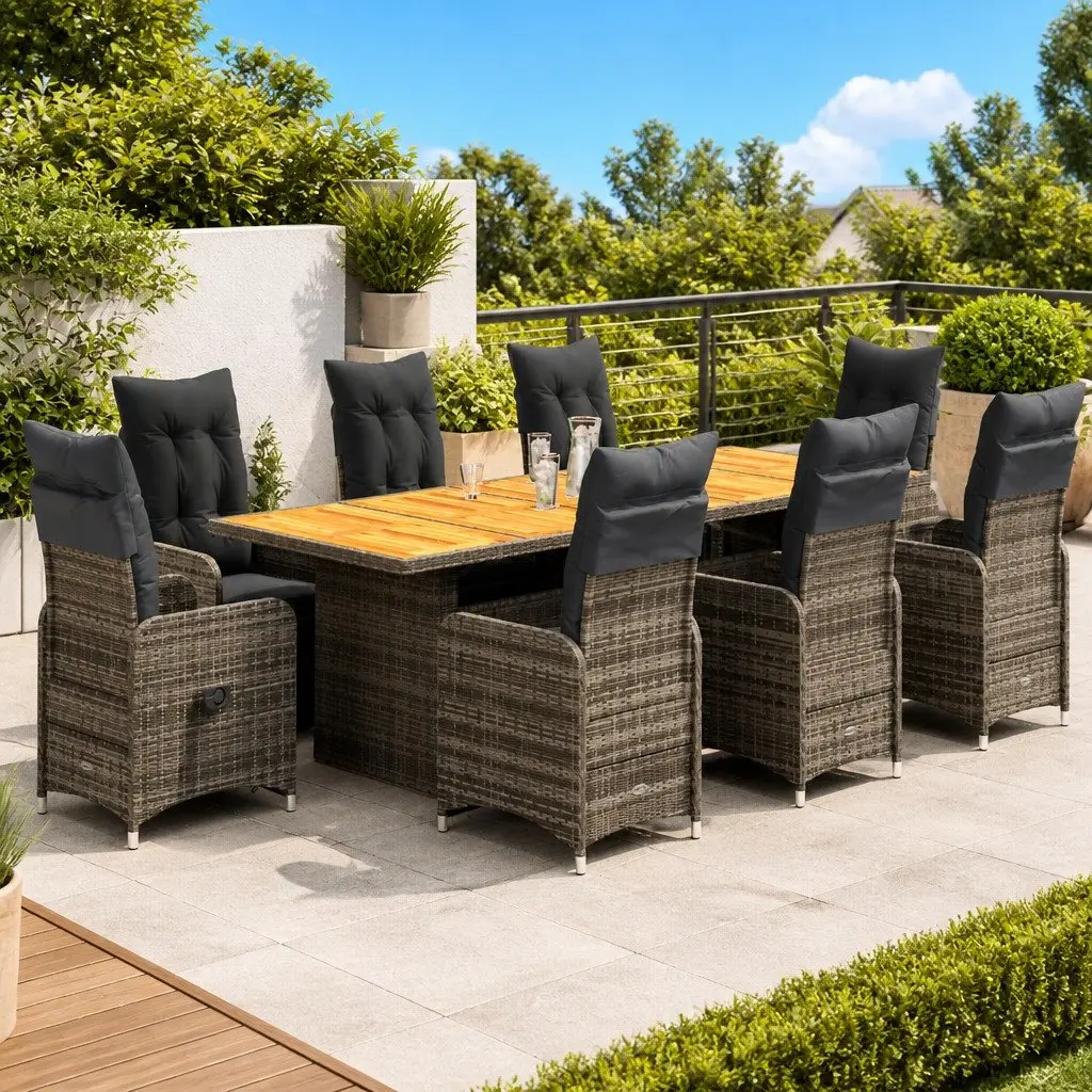 9 Piece Bistro Set Poly Rattan Grey Outdoor Furniture with Cushions and Acacia Wood Table