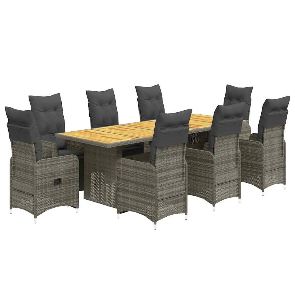 9 Piece Bistro Set Poly Rattan Grey Outdoor Furniture with Cushions and Acacia Wood Table