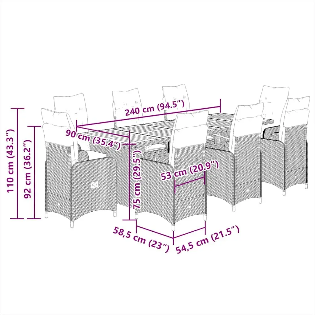 9 Piece Bistro Set Poly Rattan Grey Outdoor Furniture with Cushions and Acacia Wood Table