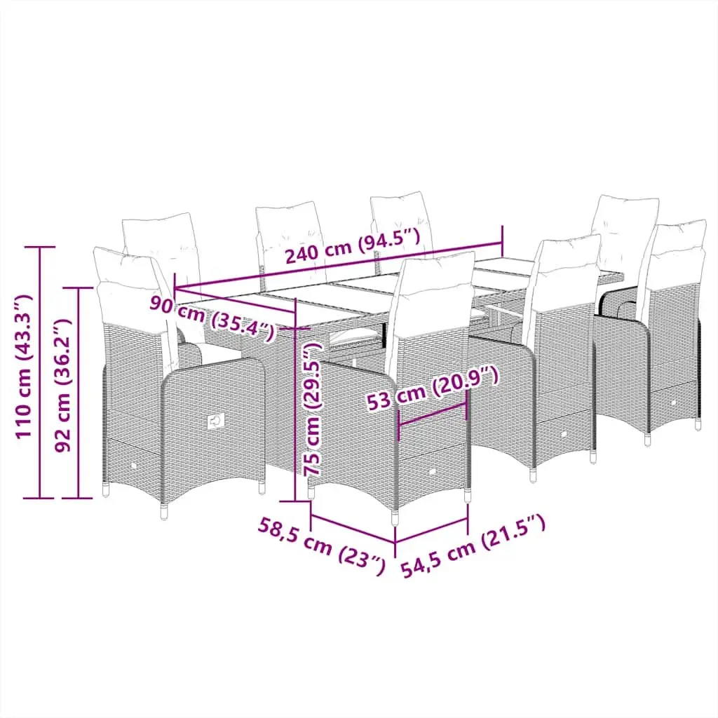 9 Piece Grey Outdoor Garden Bistro Set