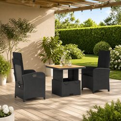 Sturdy 3 Piece Black Rattan Garden Dining Set with Cushions