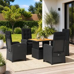 5-Piece Black Rattan Garden Dining Set with Cushions