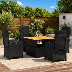 5 Piece Black Poly Rattan Garden Dining Set with Cushions