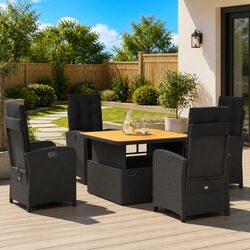 Black Poly Rattan 5 Piece Garden Dining Set with Adjustable Table