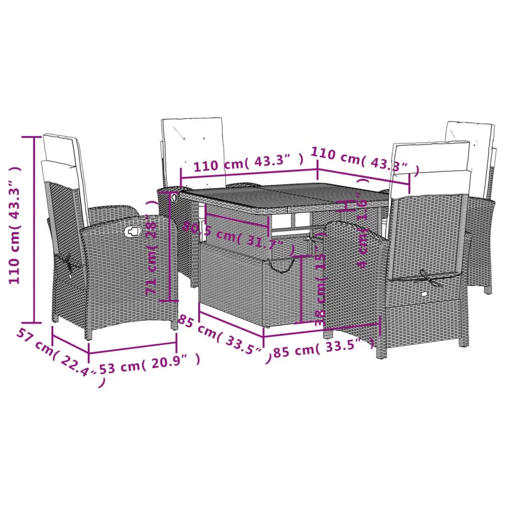 Black Poly Rattan 5 Piece Garden Dining Set with Adjustable Table