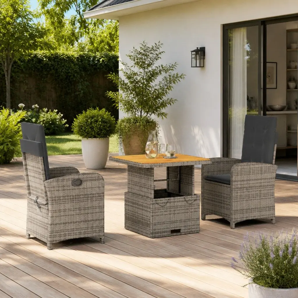Garden Dining Set PE Rattan 3 Piece Outdoor Furniture Adjustable Height Table Chairs Grey