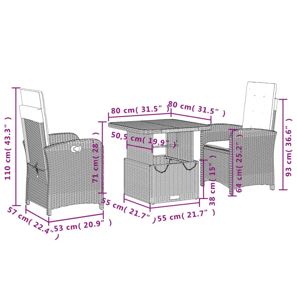 Garden Dining Set PE Rattan 3 Piece Outdoor Furniture Adjustable Height Table Chairs Grey