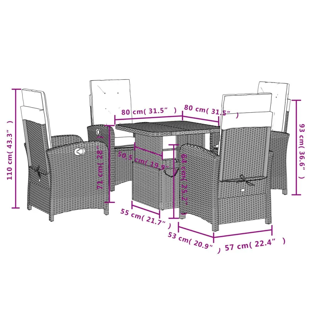 Grey 5-Piece Garden Dining Set with Adjustable Table