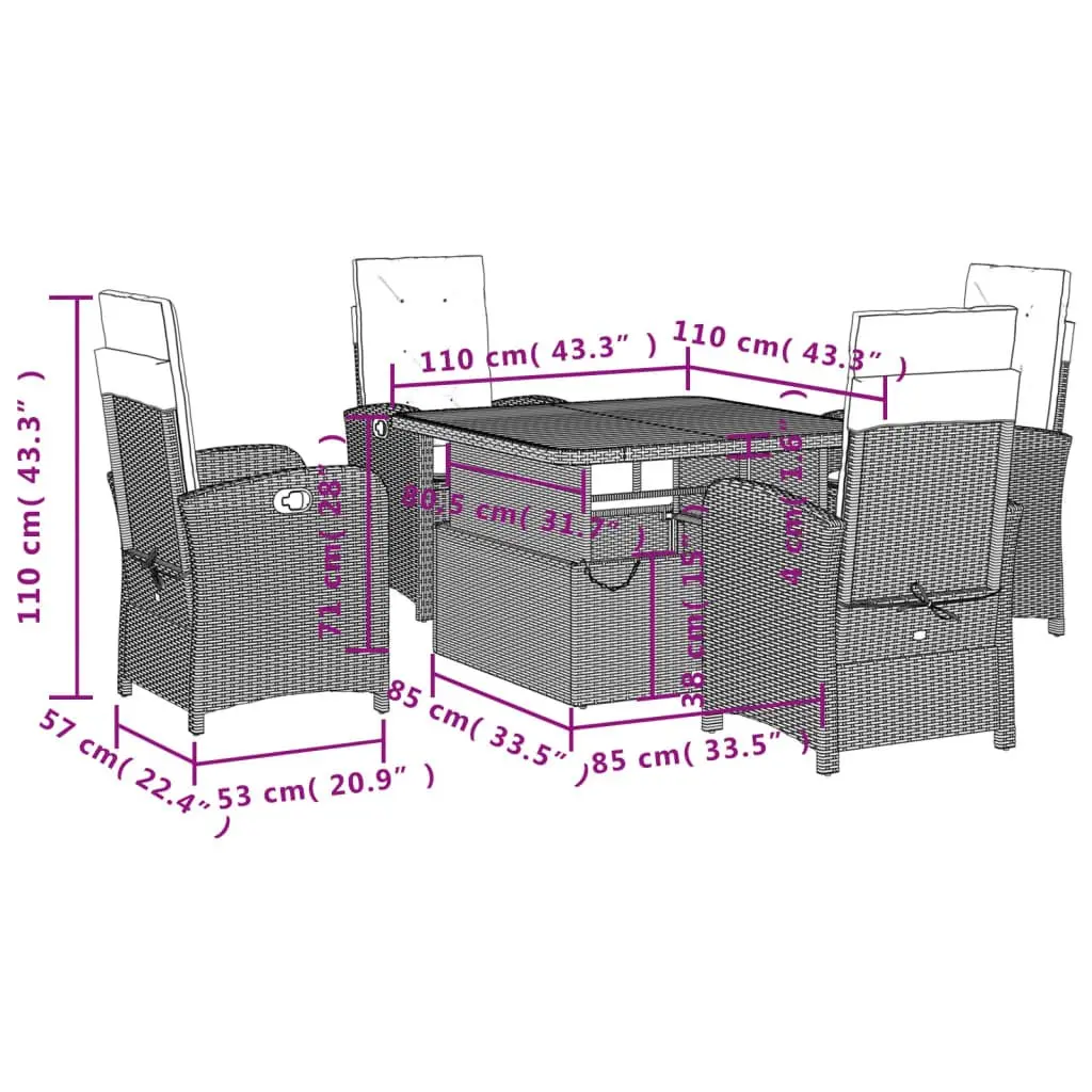 Garden Dining Set PE Rattan 5 Piece Grey