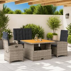4-Piece Grey Poly Rattan Garden Dining Set with Cushions