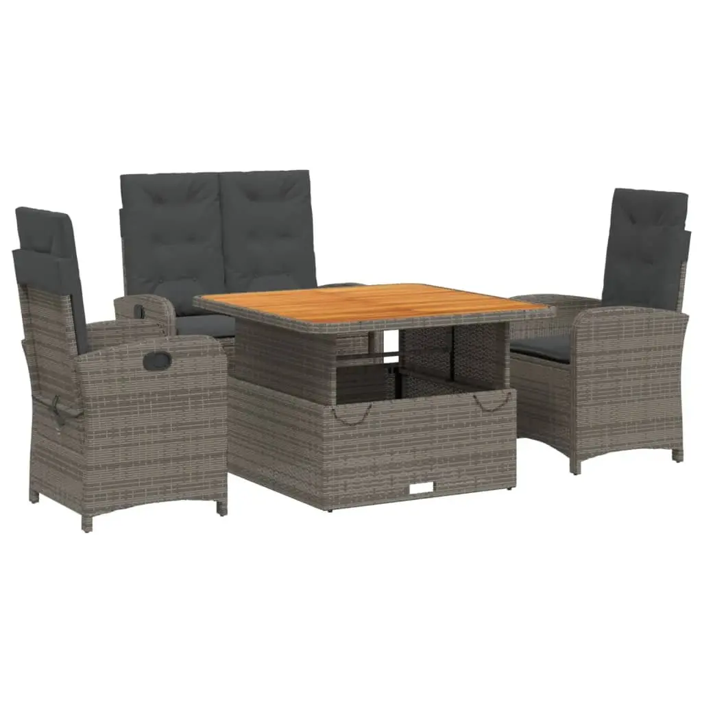 4-Piece Grey Poly Rattan Garden Dining Set with Cushions
