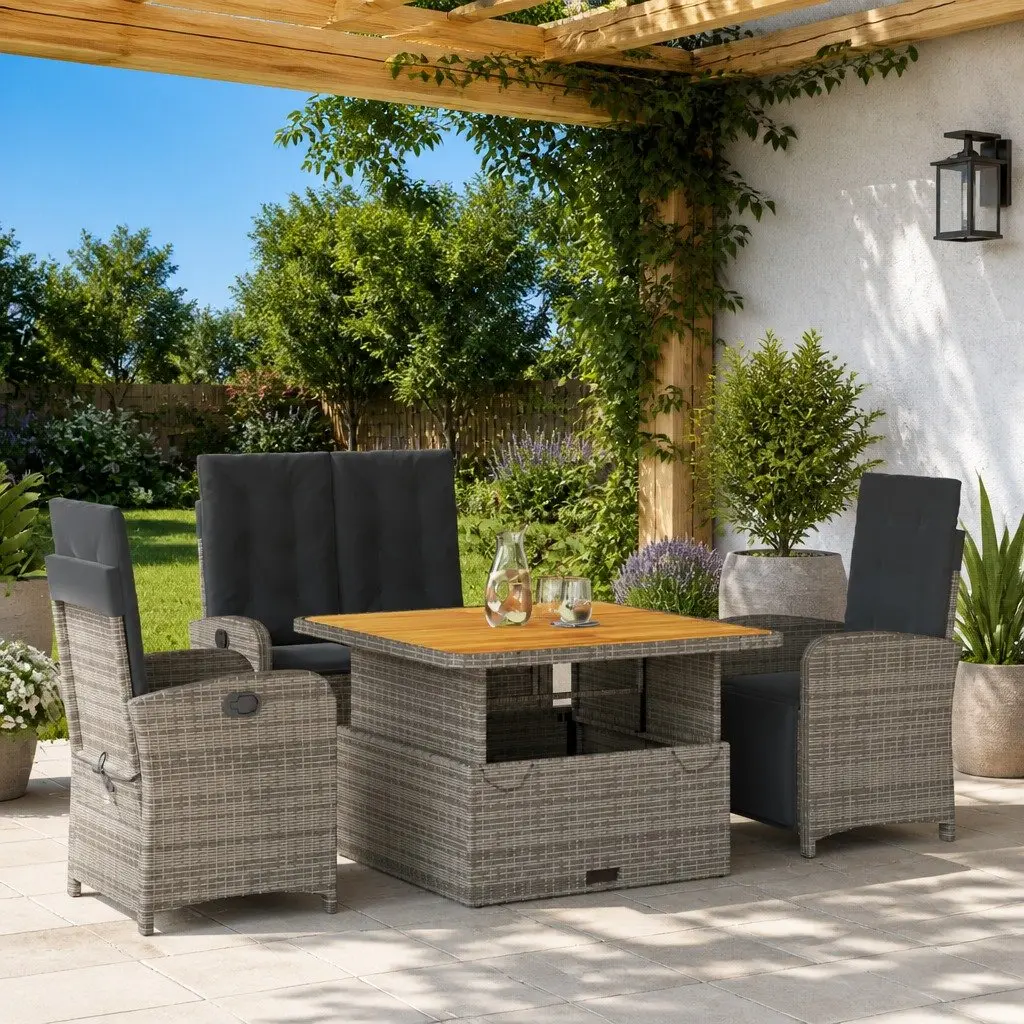 4-Piece Grey Poly Rattan Garden Dining Set
