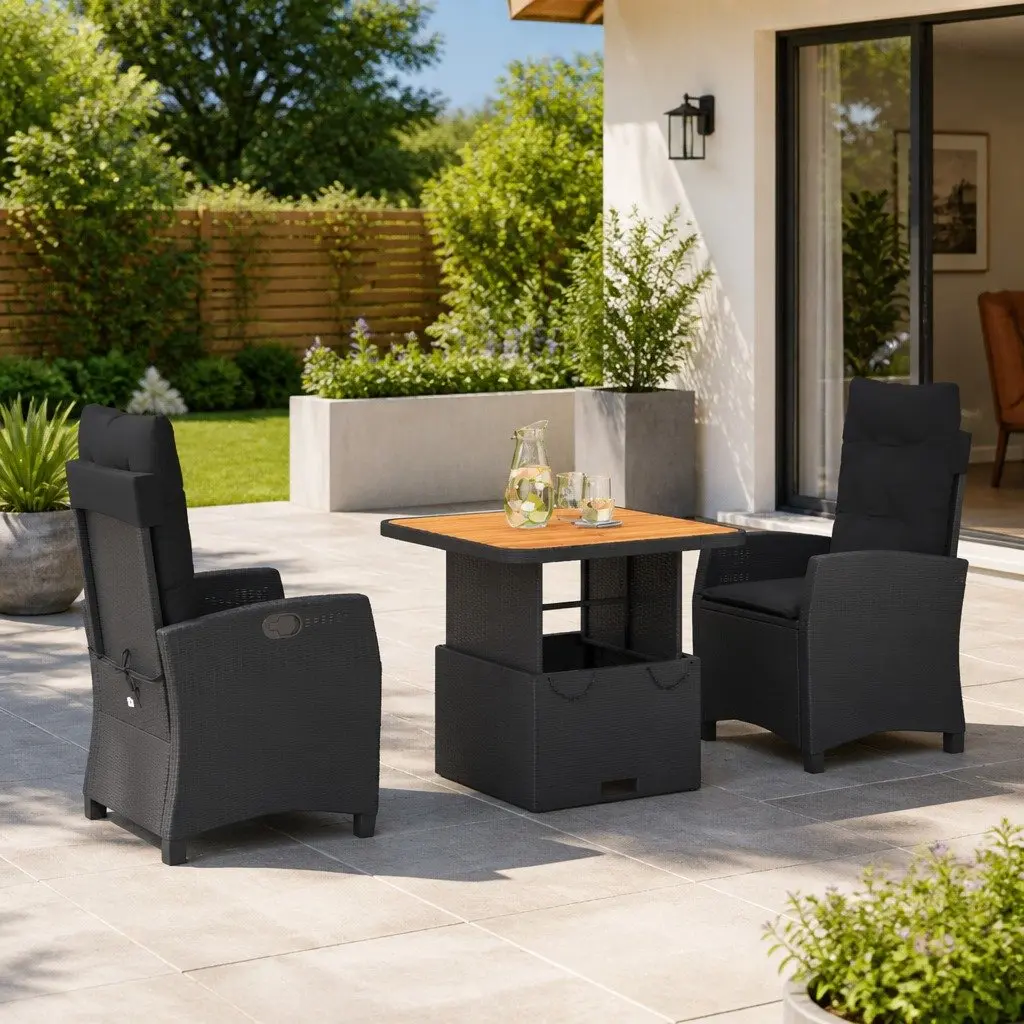 3 Piece Black Poly Rattan Outdoor Dining Set