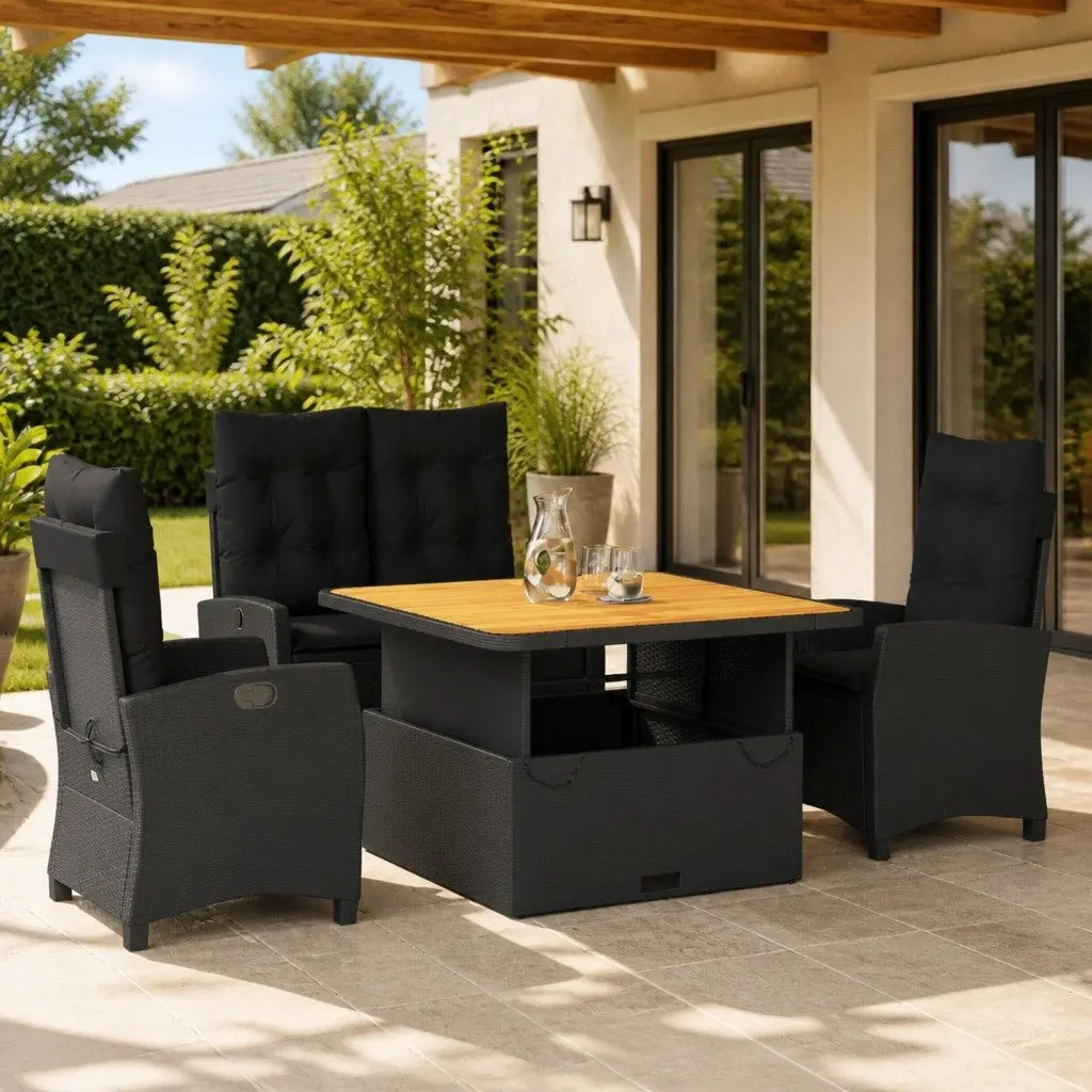 4 Piece Black Poly Rattan Outdoor Dining Set with Cushions