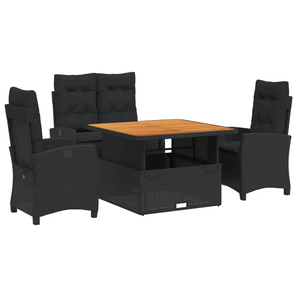 4 Piece Black Poly Rattan Outdoor Dining Set with Cushions