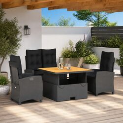 4 Piece Garden Dining Set with Cushions in Black Rattan