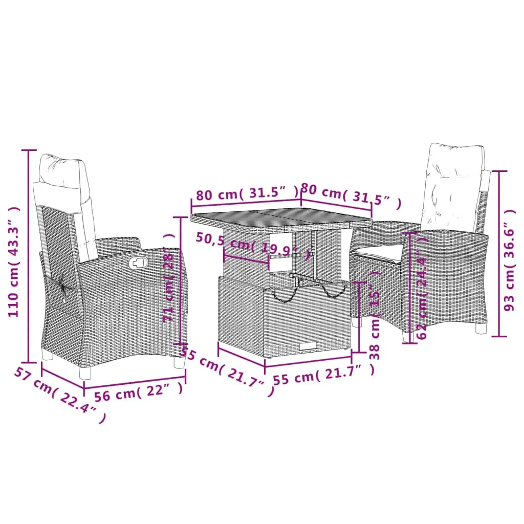 3 Piece Grey Poly Rattan Garden Dining Set