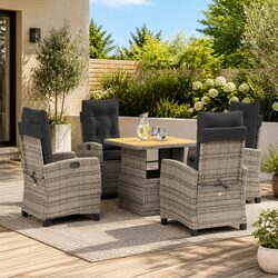 5-Piece Grey Poly Rattan Garden Dining Set with Cushions