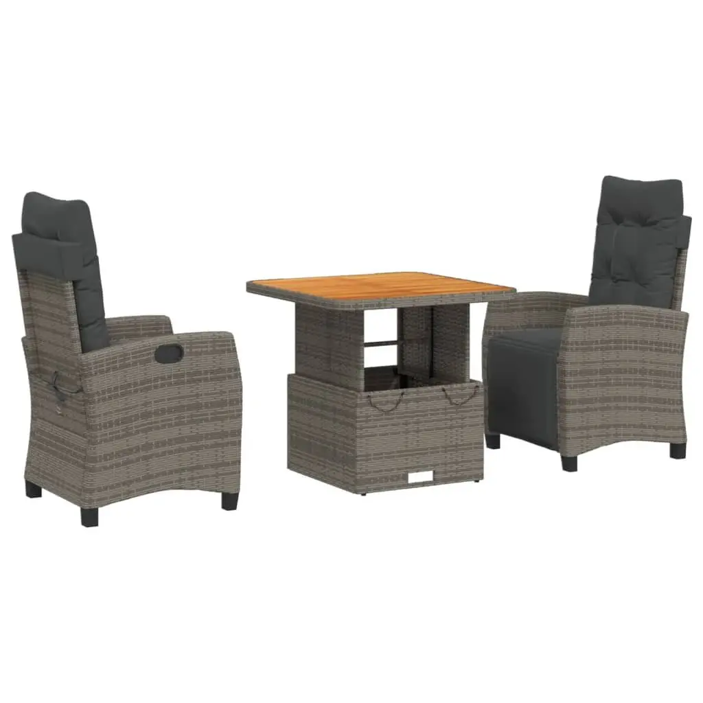 Garden Dining Set PE Rattan 3 Piece Adjustable Backrest Grey