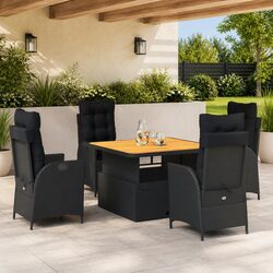 5 Piece Black Poly Rattan Garden Dining Set with Cushions