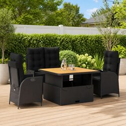 Durable Black Poly Rattan Garden Dining Set with Cushions