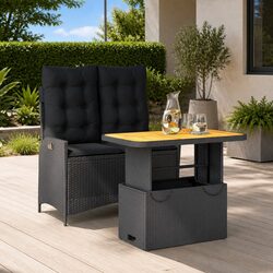 Black Poly Rattan 2-Piece Garden Dining Set with Cushions