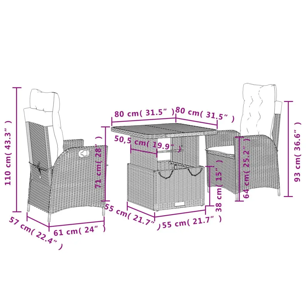 Garden Dining Set 3 Piece Outdoor Furniture Grey Poly Rattan Adjustable Cushions