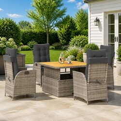 5 Piece Grey Poly Rattan Outdoor Dining Set with Cushions