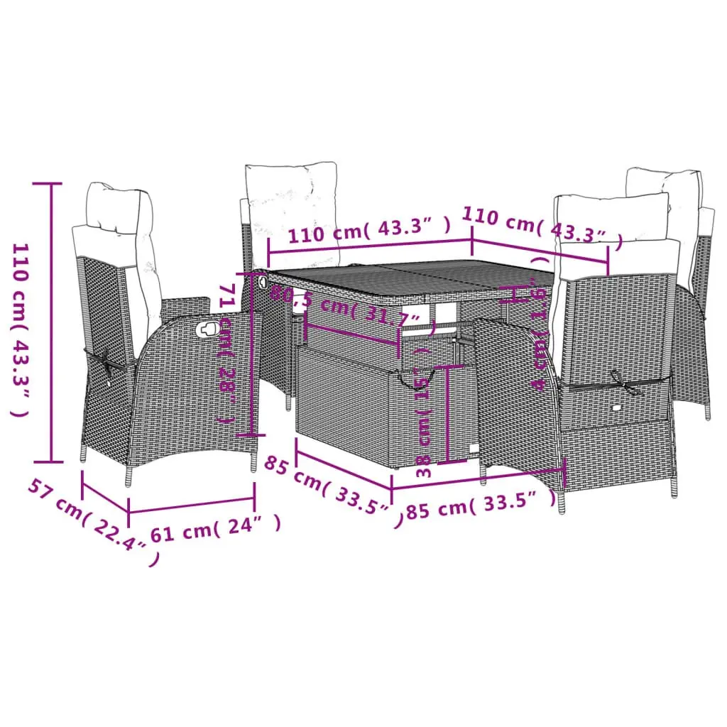 5 Piece Outdoor Dining Set PE Rattan Grey with Cushions
