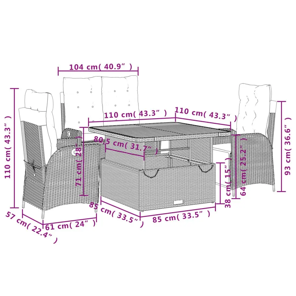 4 Piece Garden Dining Set with Adjustable Chairs