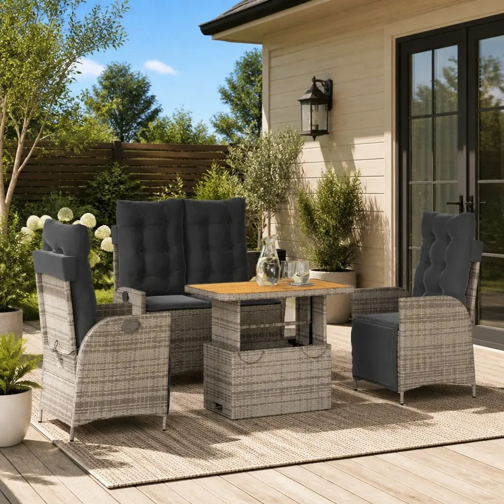 4 Piece Grey Cushioned Garden Dining Set with Adjustable Backrest