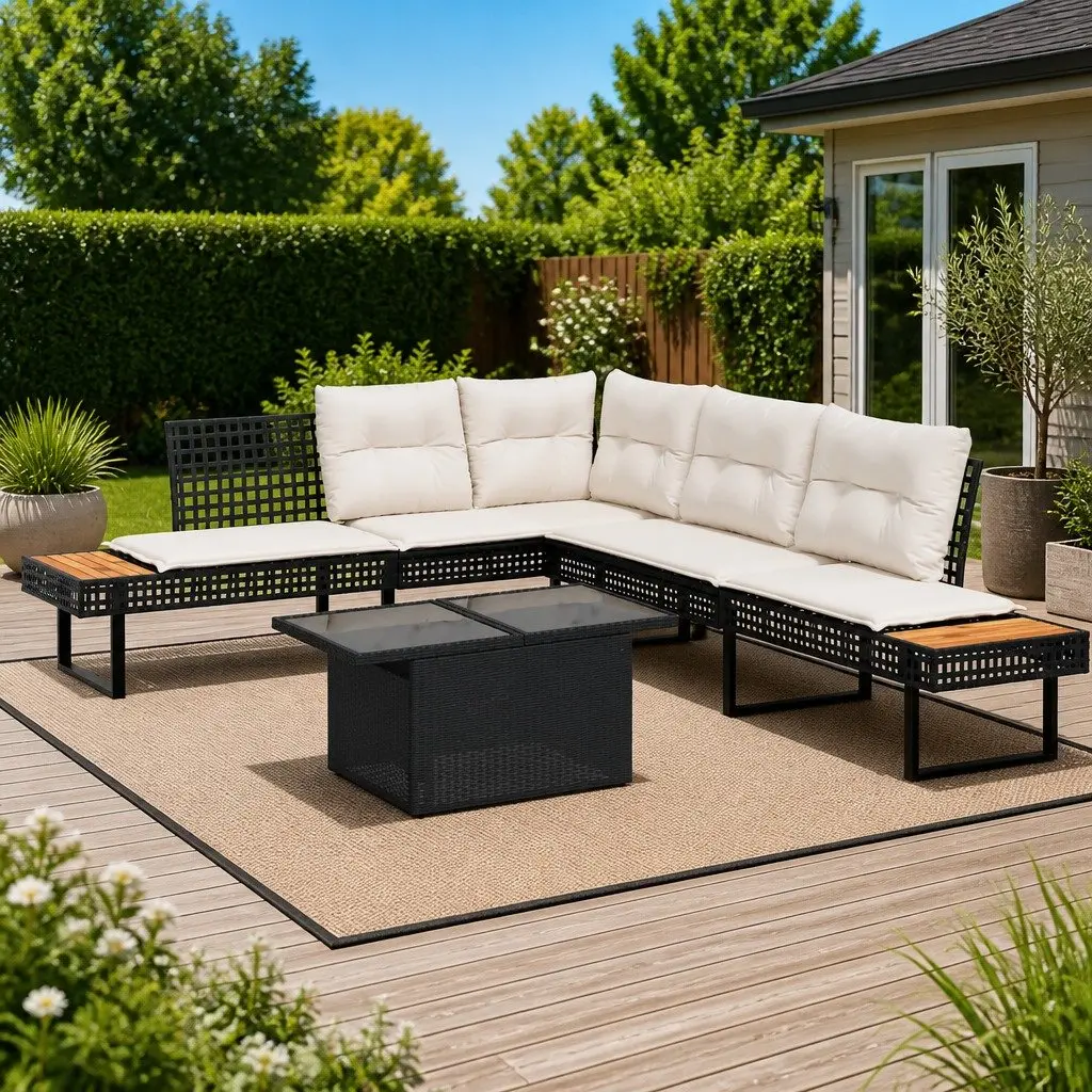 2 Piece Outdoor Sofa Set PE Rattan Black with Cushions Adjustable Glass Coffee Dining