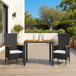 3 Piece Outdoor Dining Set with Cushions in Black Poly Rattan