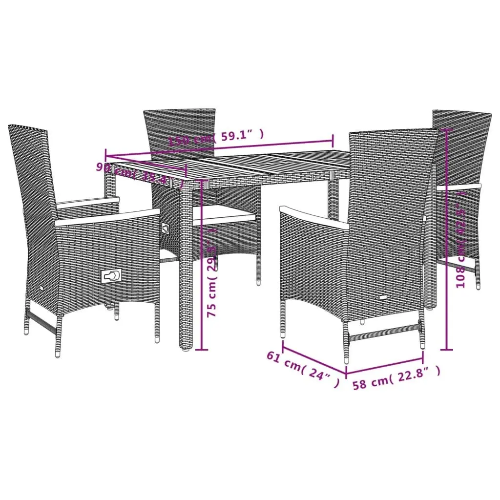 Garden Dining Set Poly Rattan 5 Piece Black Outdoor Furniture with Cushions
