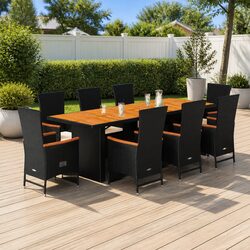 9 Piece Outdoor Dining Set with Cushions in Black Poly Rattan