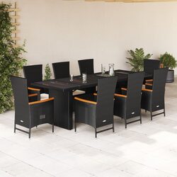 Black Poly Rattan Garden Dining Set 9 Piece with Cushions