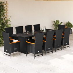 Black Poly Rattan 11-Piece Garden Dining Set with Cushions
