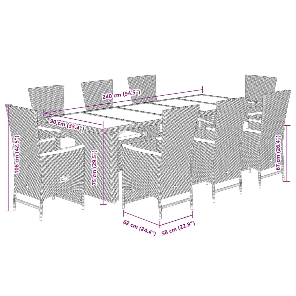 9 Piece Garden Dining Set with Glass Top