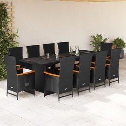 Durable 11 Piece Outdoor Dining Set with Cushions in Black