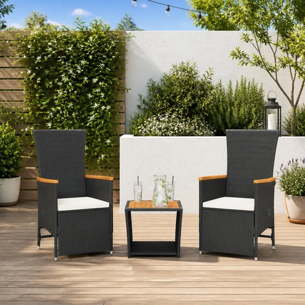3-Piece Black Poly Rattan Garden Dining Set