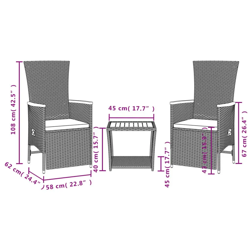 3-Piece Black Poly Rattan Garden Dining Set