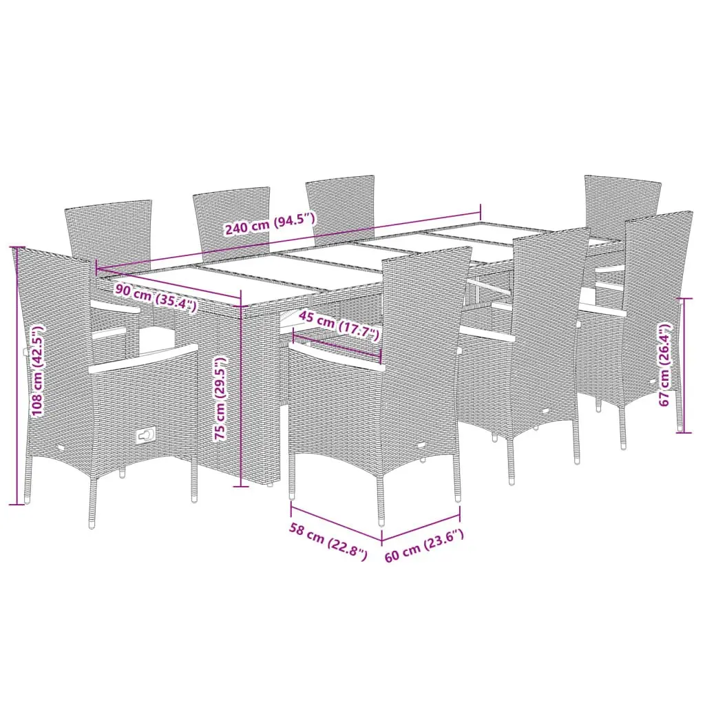 Garden Dining Set PE Rattan 9 Piece Outdoor Furniture Grey Patio Table Chairs