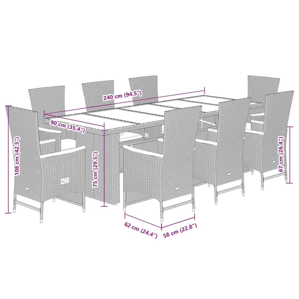 9 Piece Grey Garden Dining Set with Cushions