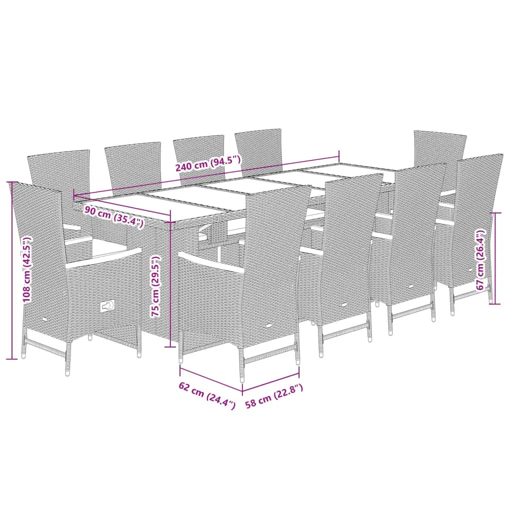 11 Piece Garden Dining Set with Cushions in Grey