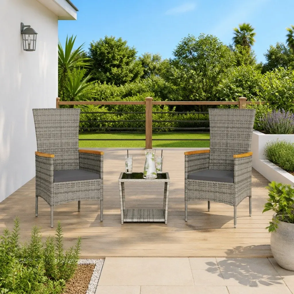 Garden Dining Set PE Rattan 3 Piece Grey Outdoor Furniture Patio Table Chairs