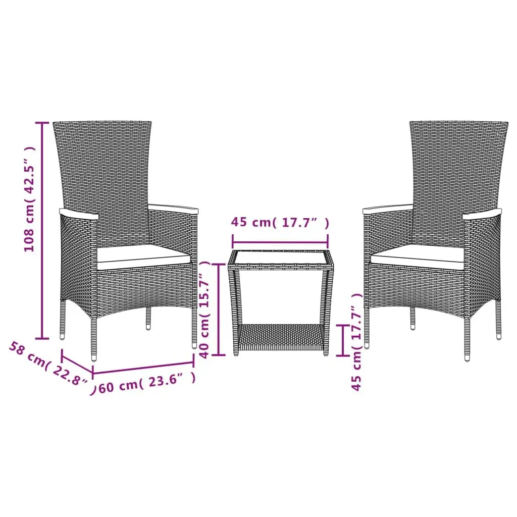 Garden Dining Set PE Rattan 3 Piece Grey Outdoor Furniture Patio Table Chairs